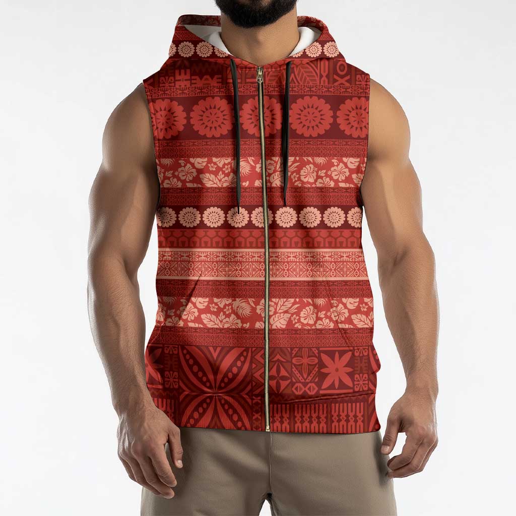 Fiji Marau na Kerisimasi Sleeveless Zip Hoodie Red Tapa Masi Inspired Christmas - Polynesian Pride