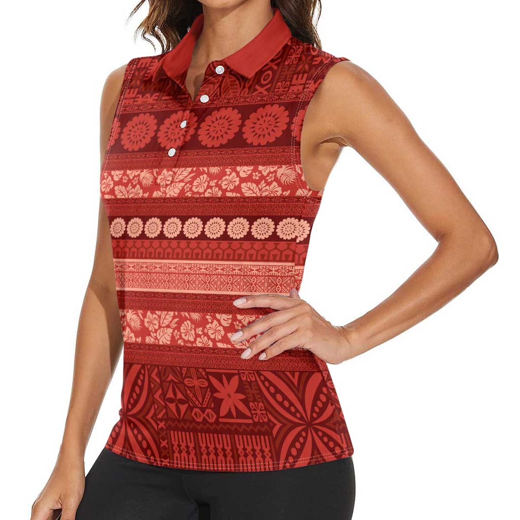 Fiji Marau na Kerisimasi Women Sleeveless Polo Shirt Red Tapa Masi Inspired Christmas - Polynesian Pride