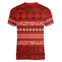 Fiji Marau na Kerisimasi Women V-Neck T-Shirt Red Tapa Masi Inspired Christmas - Polynesian Pride