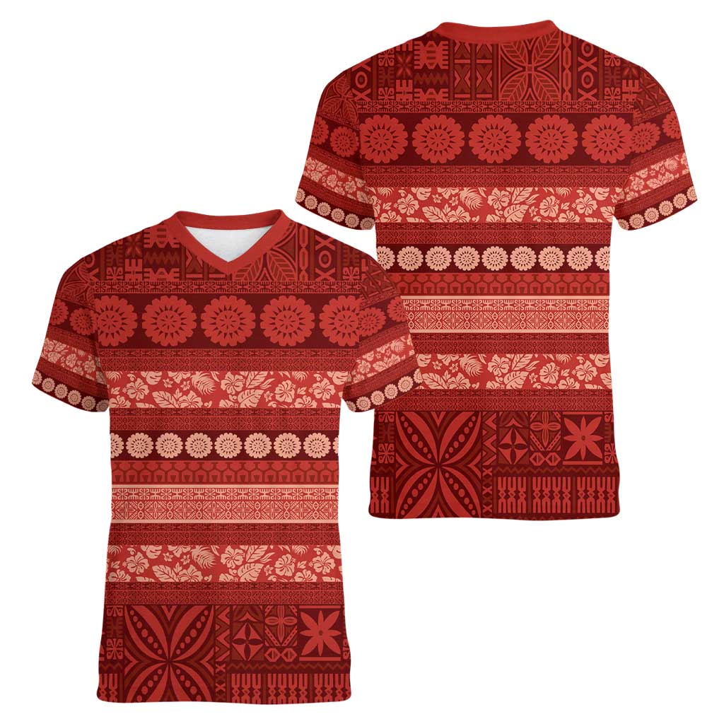 Fiji Marau na Kerisimasi Women V-Neck T-Shirt Red Tapa Masi Inspired Christmas - Polynesian Pride
