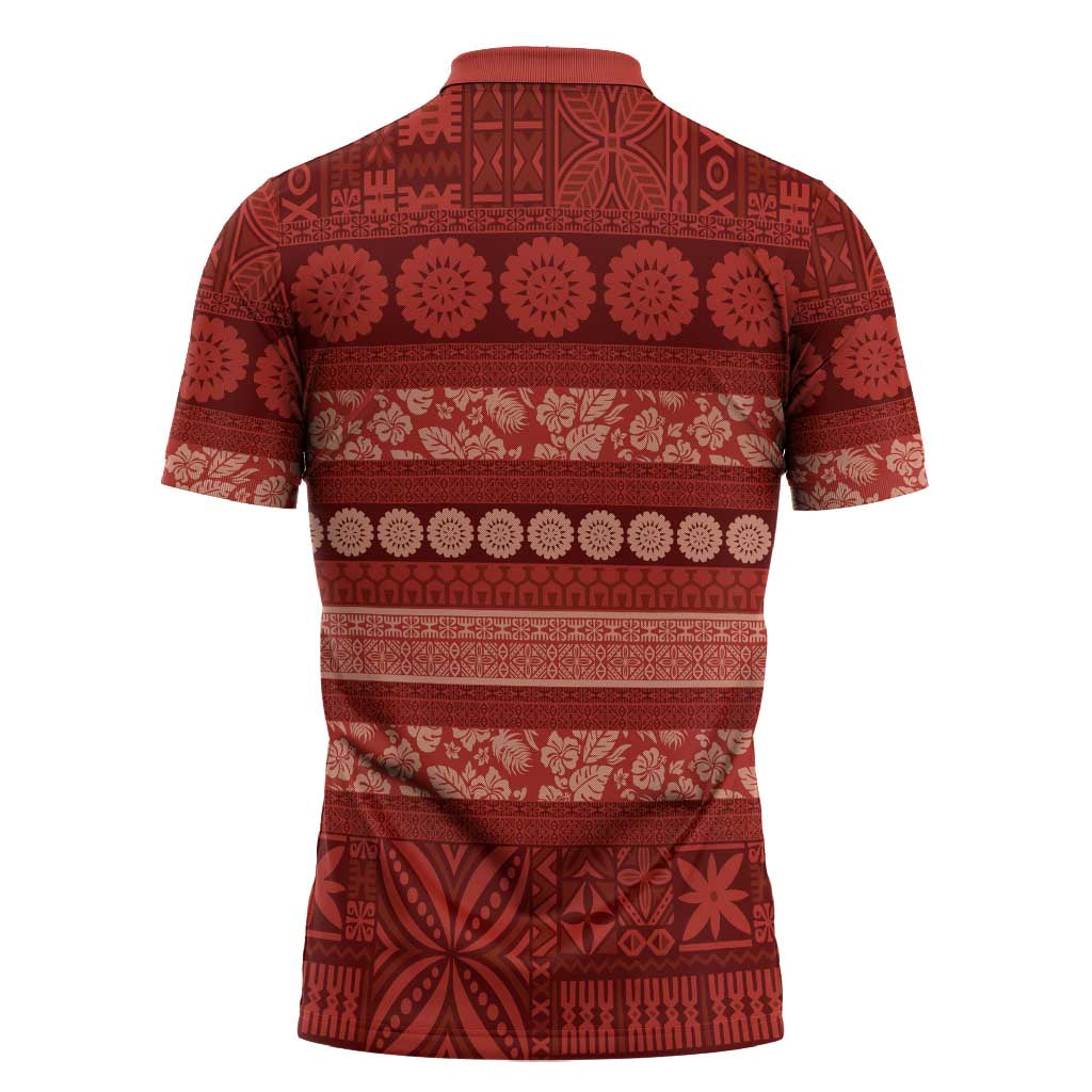 Fiji Marau na Kerisimasi Zipper Polo Shirt Red Tapa Masi Inspired Christmas - Polynesian Pride