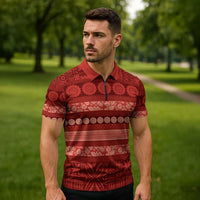 Fiji Marau na Kerisimasi Zipper Polo Shirt Red Tapa Masi Inspired Christmas - Polynesian Pride