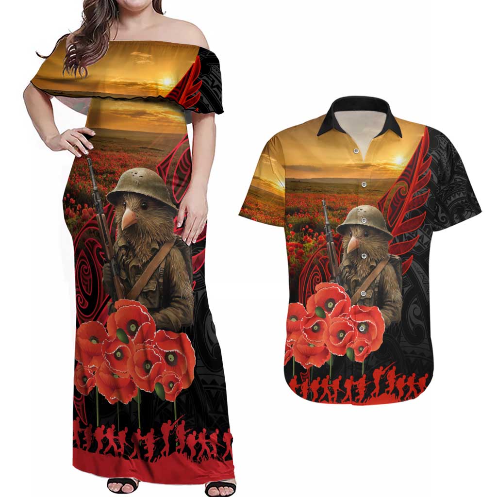 Maori Kiwi Soldier Fern Tattoo ANZAC Day Couples Matching Off Shoulder Maxi Dress and Hawaiian Shirt Lest We Forget