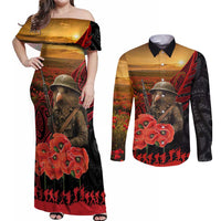 Maori Kiwi Soldier Fern Tattoo ANZAC Day Couples Matching Off Shoulder Maxi Dress and Long Sleeve Button Shirt Lest We Forget LT9 Black - Polynesian Pride