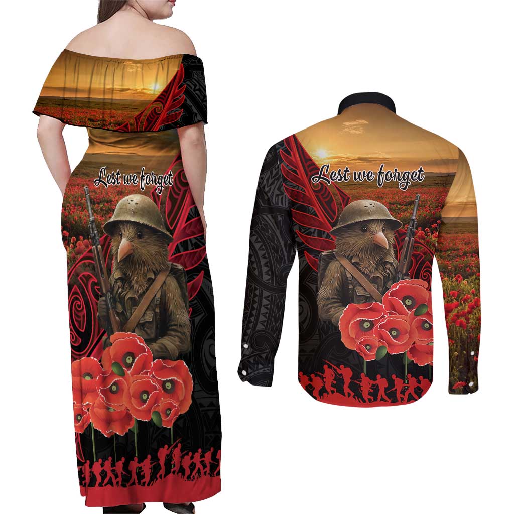 Maori Kiwi Soldier Fern Tattoo ANZAC Day Couples Matching Off Shoulder Maxi Dress and Long Sleeve Button Shirt Lest We Forget LT9 - Polynesian Pride