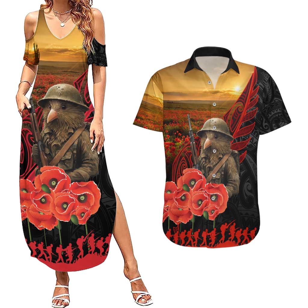 Maori Kiwi Soldier Fern Tattoo ANZAC Day Couples Matching Summer Maxi Dress and Hawaiian Shirt Lest We Forget