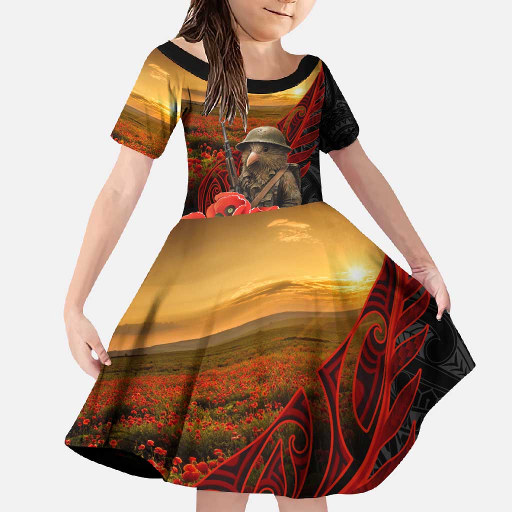 Maori Kiwi Soldier Fern Tattoo ANZAC Day Family Matching Long Sleeve Bodycon Dress and Hawaiian Shirt Lest We Forget LT9 Daughter's Dress Black - Polynesian Pride