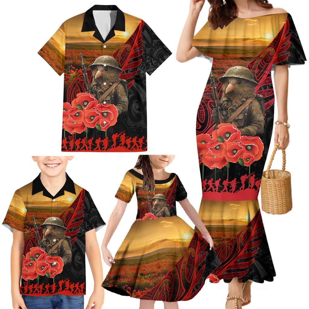 Maori Kiwi Soldier Fern Tattoo ANZAC Day Family Matching Mermaid Dress and Hawaiian Shirt Lest We Forget LT9 - Polynesian Pride