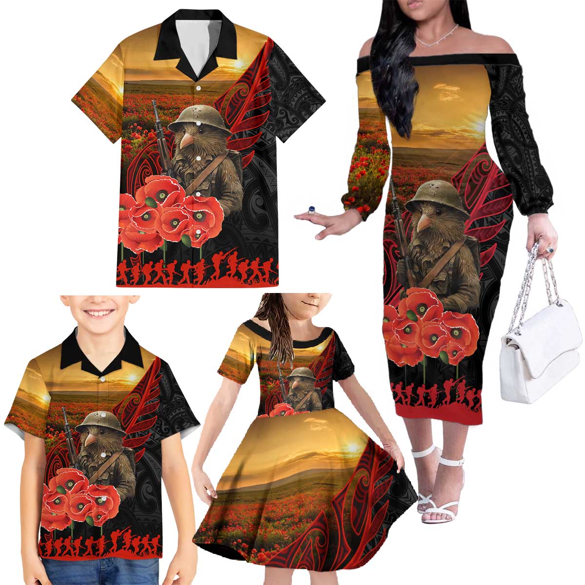 Maori Kiwi Soldier Fern Tattoo ANZAC Day Family Matching Off The Shoulder Long Sleeve Dress and Hawaiian Shirt Lest We Forget LT9 - Polynesian Pride