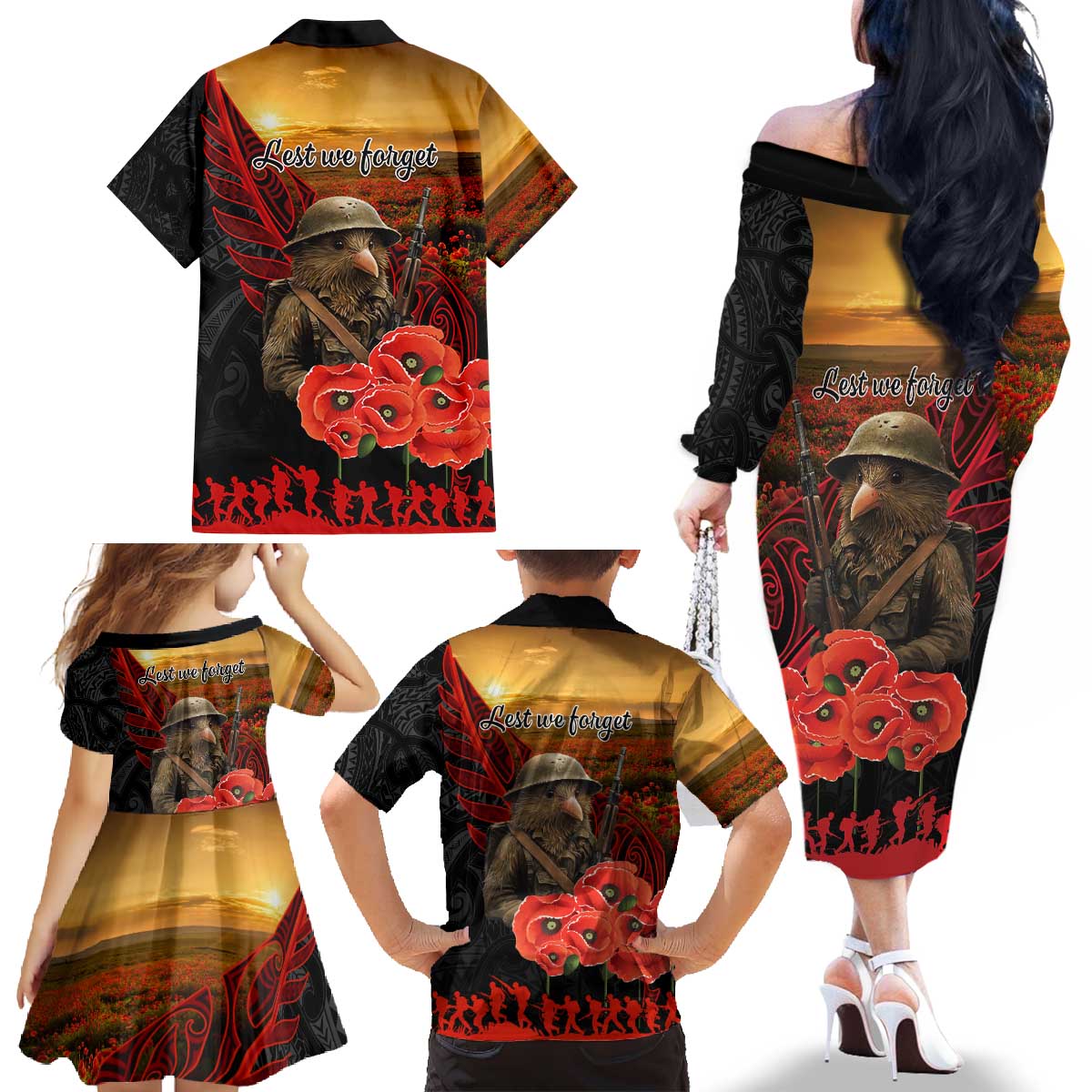 Maori Kiwi Soldier Fern Tattoo ANZAC Day Family Matching Off The Shoulder Long Sleeve Dress and Hawaiian Shirt Lest We Forget LT9 - Polynesian Pride