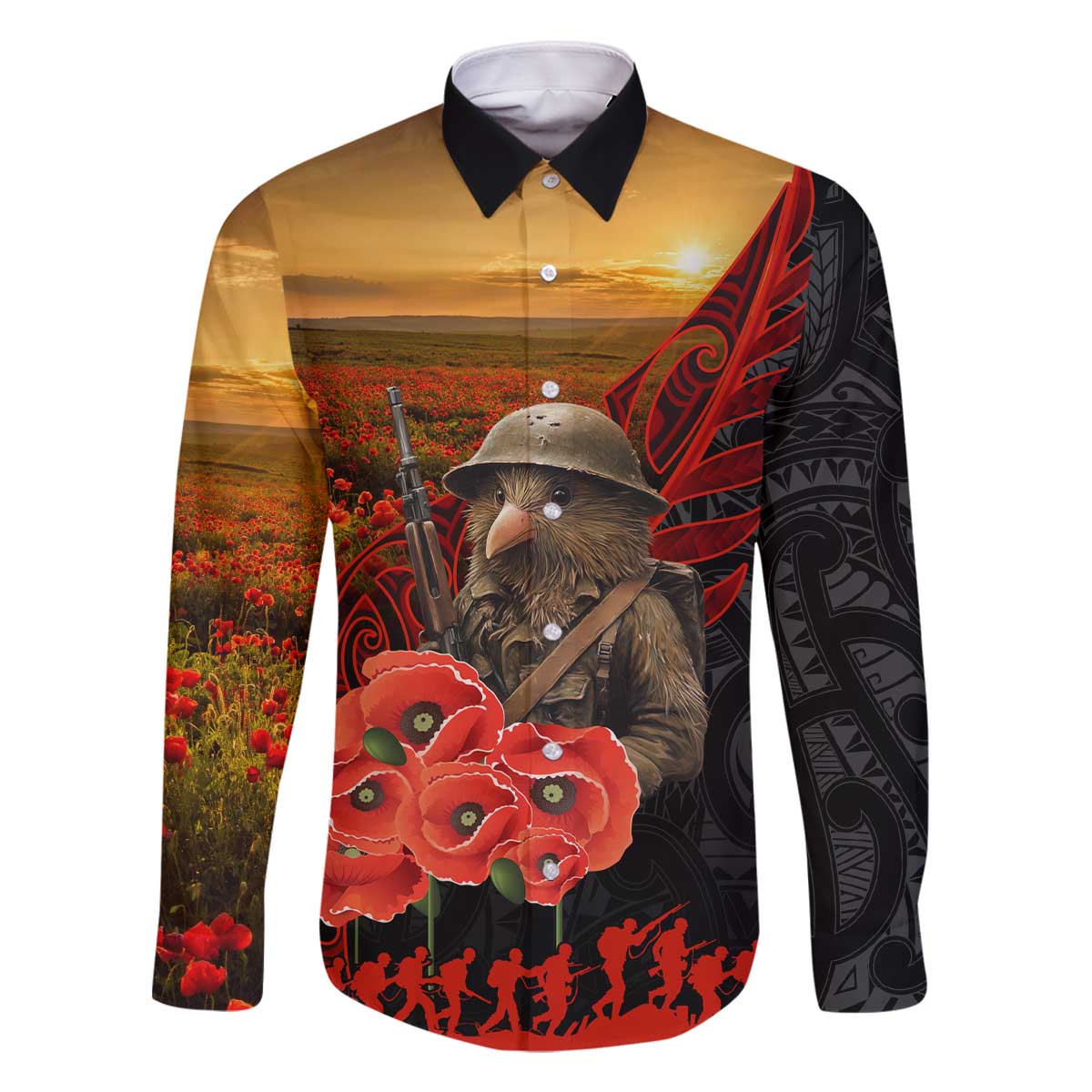 Maori Kiwi Soldier Fern Tattoo ANZAC Day Family Matching Off The Shoulder Long Sleeve Dress and Hawaiian Shirt Lest We Forget LT9 Dad's Shirt - Long Sleeve Black - Polynesian Pride