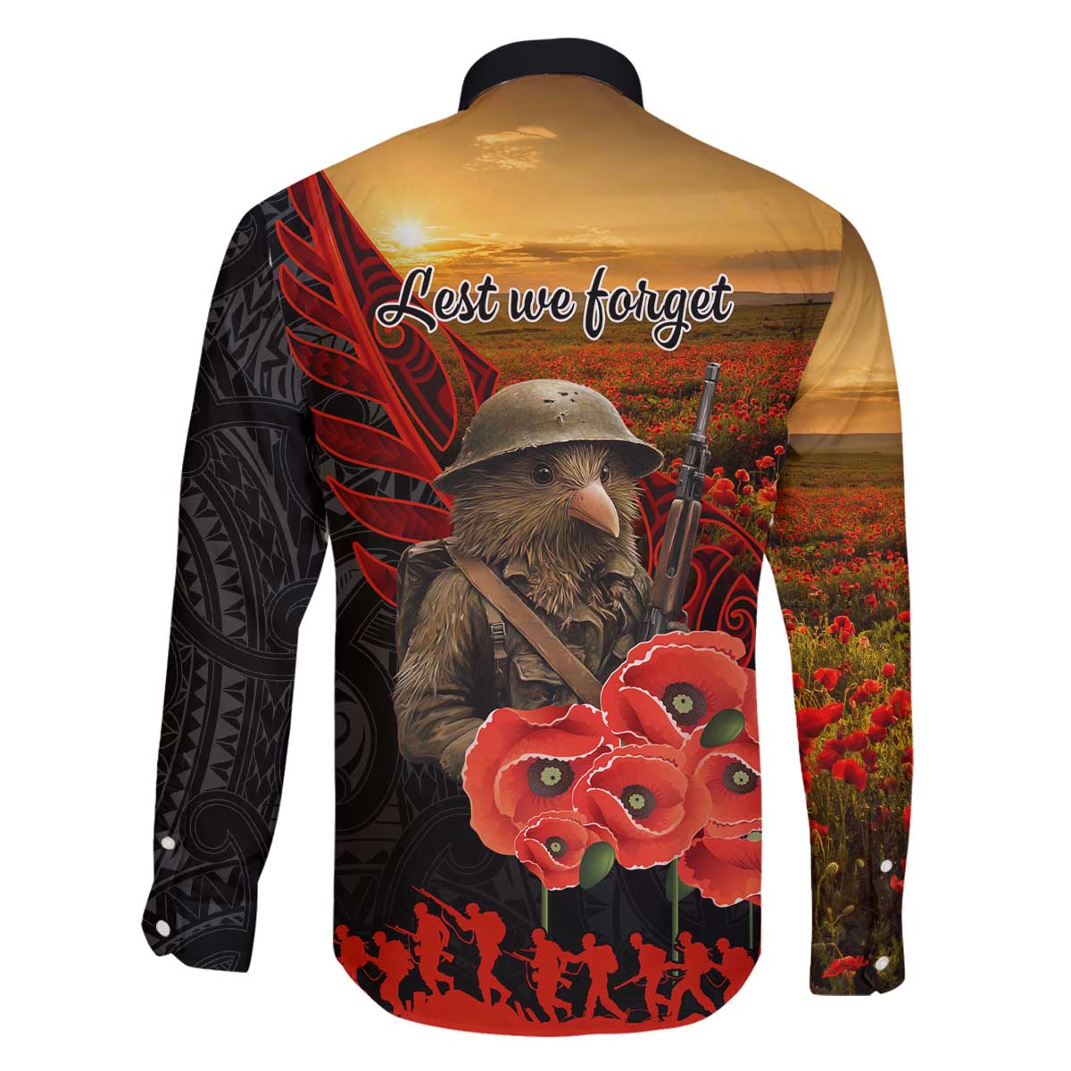 Maori Kiwi Soldier Fern Tattoo ANZAC Day Family Matching Off The Shoulder Long Sleeve Dress and Hawaiian Shirt Lest We Forget LT9 - Polynesian Pride