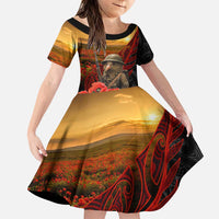Maori Kiwi Soldier Fern Tattoo ANZAC Day Family Matching Puletasi and Hawaiian Shirt Lest We Forget LT9 Daughter's Dress Black - Polynesian Pride