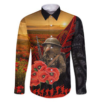 Maori Kiwi Soldier Fern Tattoo ANZAC Day Family Matching Puletasi and Hawaiian Shirt Lest We Forget LT9 Dad's Shirt - Long Sleeve Black - Polynesian Pride