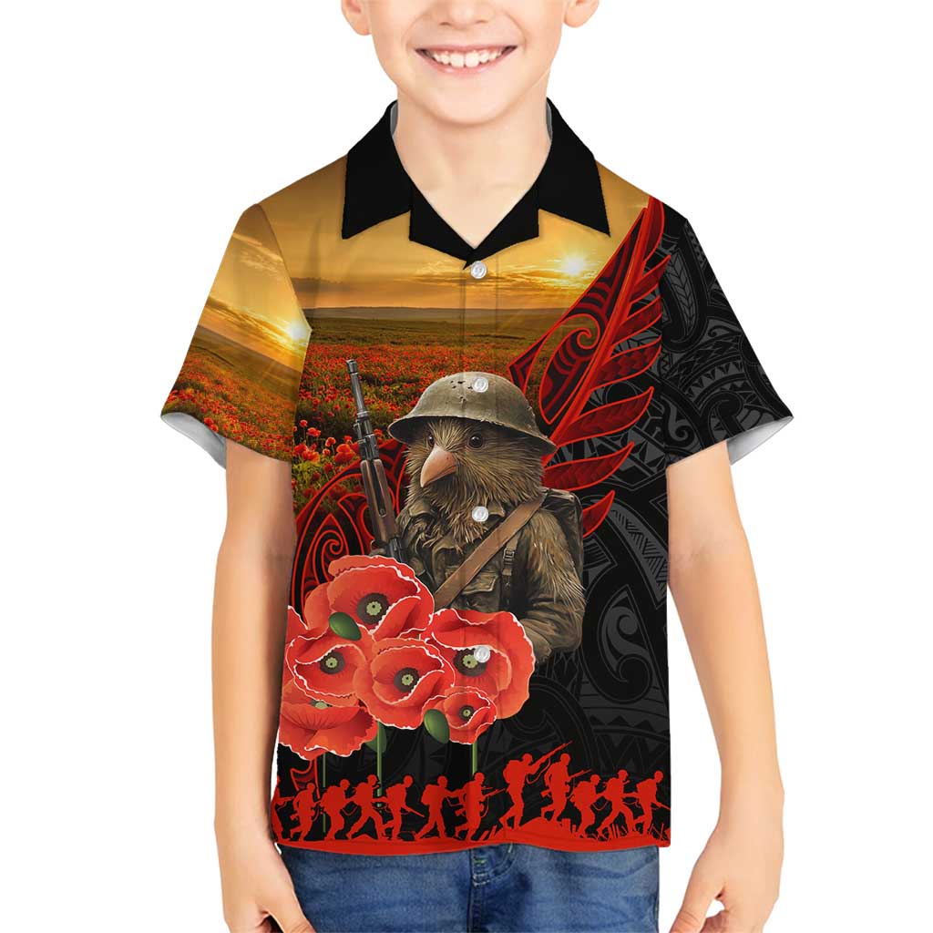 Maori Kiwi Soldier Fern Tattoo ANZAC Day Family Matching Puletasi and Hawaiian Shirt Lest We Forget LT9 Son's Shirt Black - Polynesian Pride