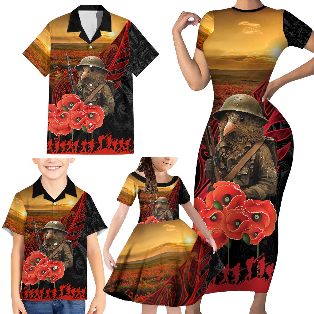 Maori Kiwi Soldier Fern Tattoo ANZAC Day Family Matching Short Sleeve Bodycon Dress and Hawaiian Shirt Lest We Forget LT9 - Polynesian Pride