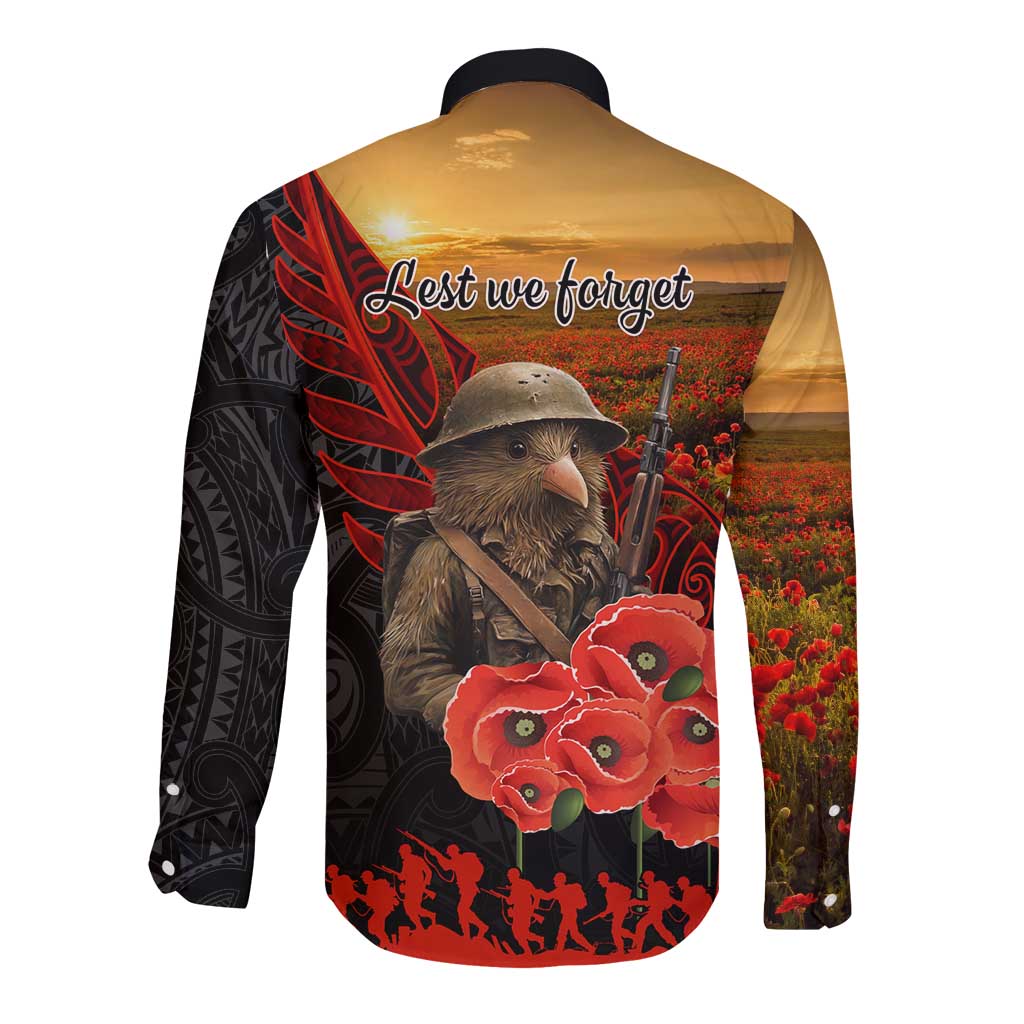 Maori Kiwi Soldier Fern Tattoo ANZAC Day Long Sleeve Button Shirt Lest We Forget