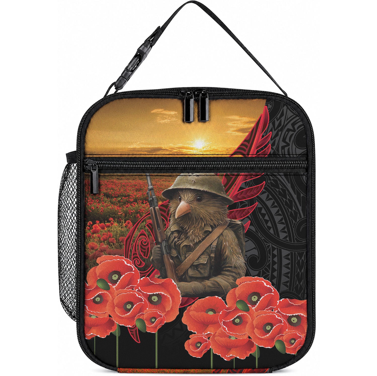 Maori Kiwi Soldier Fern Tattoo ANZAC Day Lunch Bag Lest We Forget LT9 10.2 × 8.3 × 4.3 inch Black - Polynesian Pride