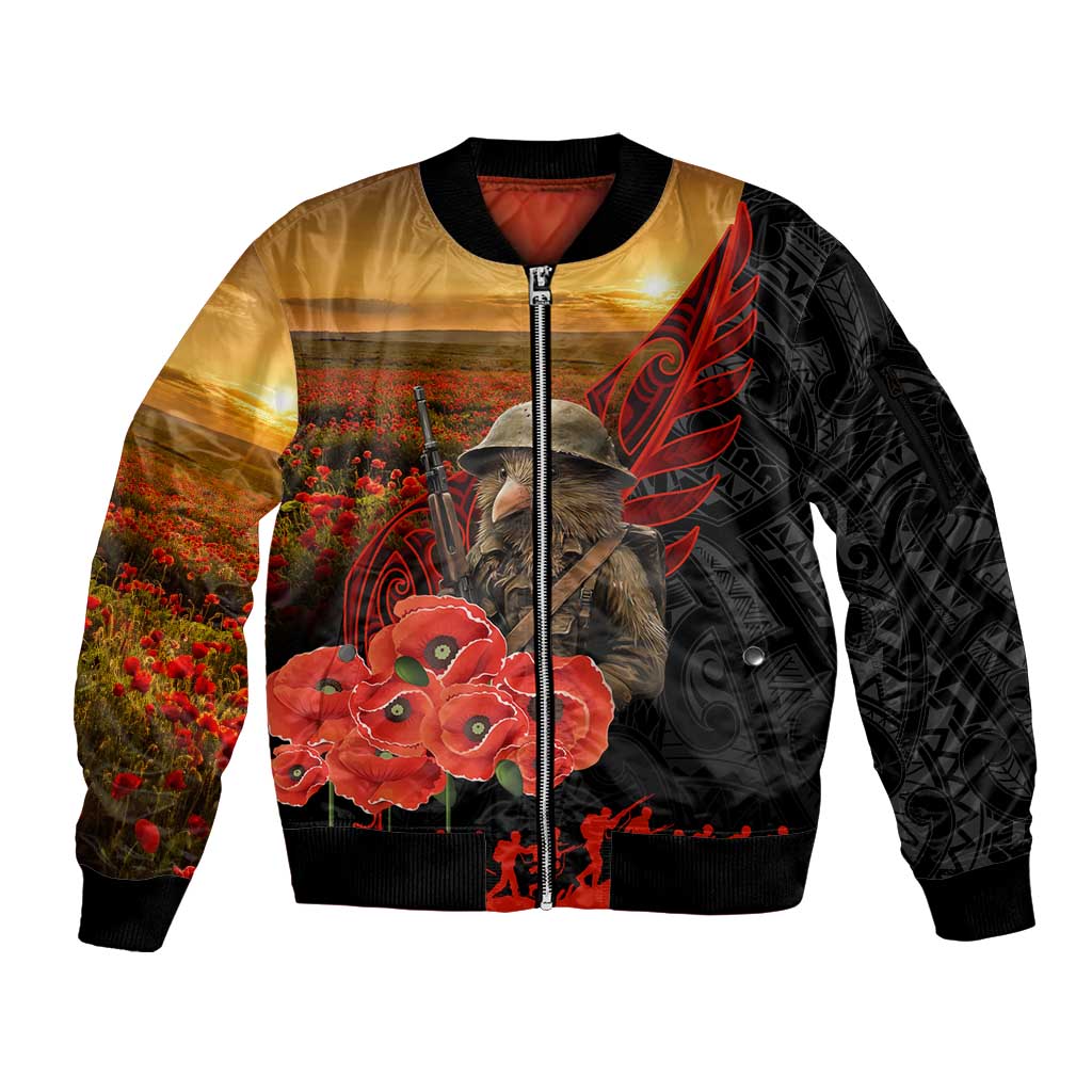 Maori Kiwi Soldier Fern Tattoo ANZAC Day Sleeve Zip Bomber Jacket Lest We Forget