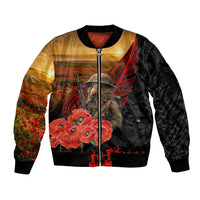 Maori Kiwi Soldier Fern Tattoo ANZAC Day Sleeve Zip Bomber Jacket Lest We Forget