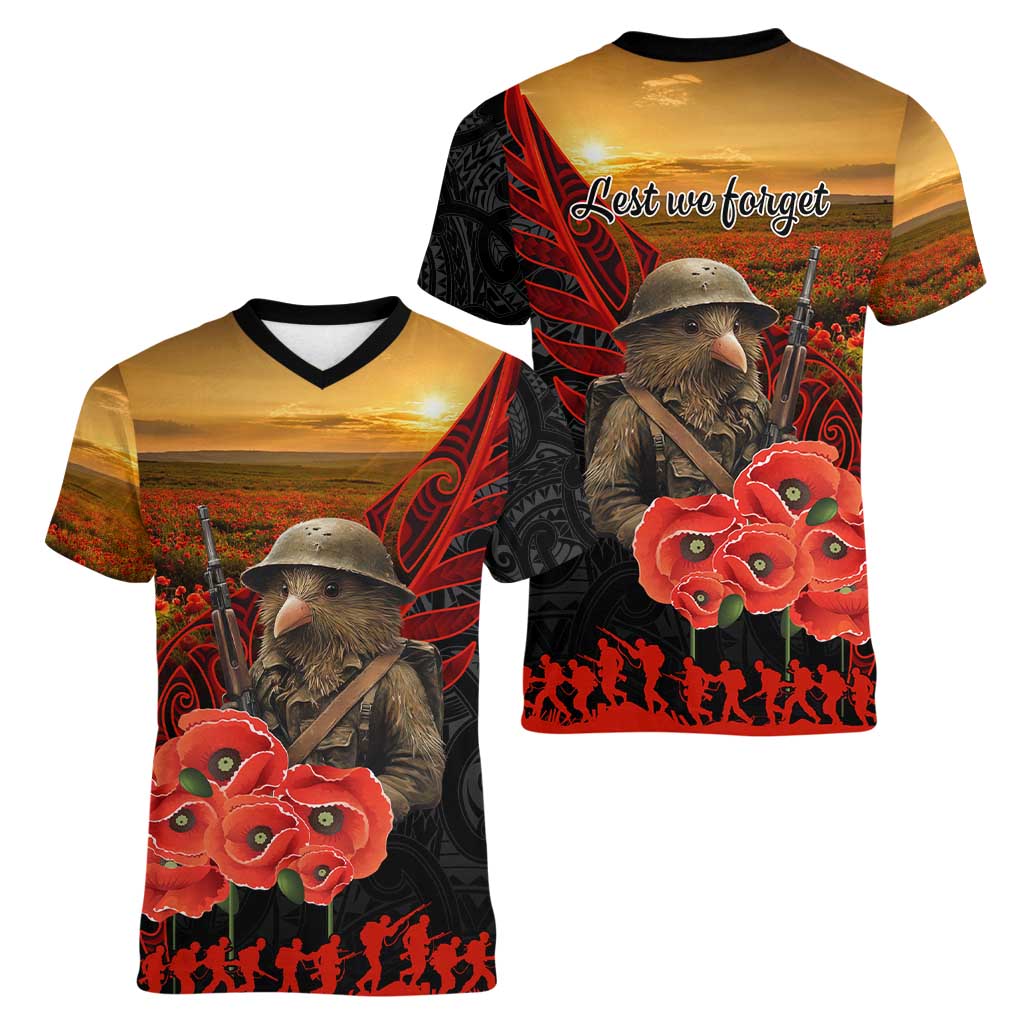 Maori Kiwi Soldier Fern Tattoo ANZAC Day Women V-Neck T-Shirt Lest We Forget LT9 - Polynesian Pride