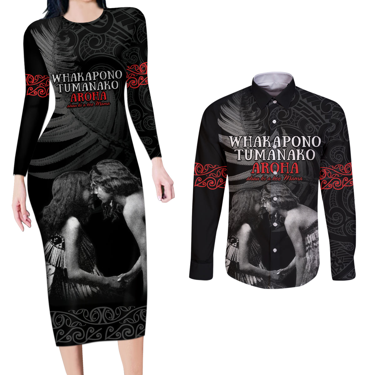 New Zealand Mother's Day Couples Matching Long Sleeve Bodycon Dress and Long Sleeve Button Shirt Maori Hongi Aroha Ahau Ki A Koe Mama LT9 Black - Polynesian Pride