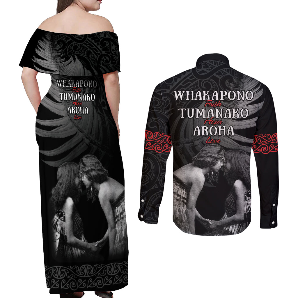 New Zealand Mother's Day Couples Matching Off Shoulder Maxi Dress and Long Sleeve Button Shirt Maori Hongi Aroha Ahau Ki A Koe Mama LT9 - Polynesian Pride