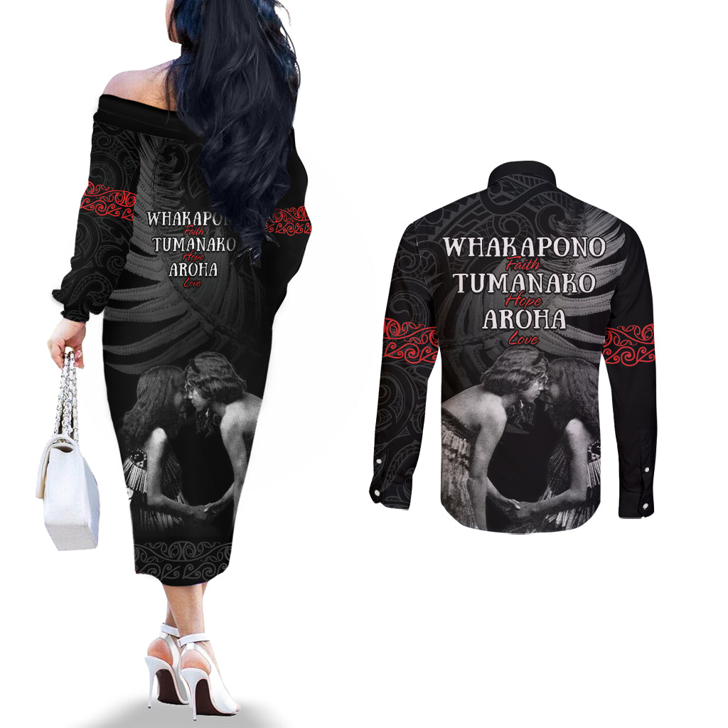 New Zealand Mother's Day Couples Matching Off The Shoulder Long Sleeve Dress and Long Sleeve Button Shirt Maori Hongi Aroha Ahau Ki A Koe Mama LT9 - Polynesian Pride