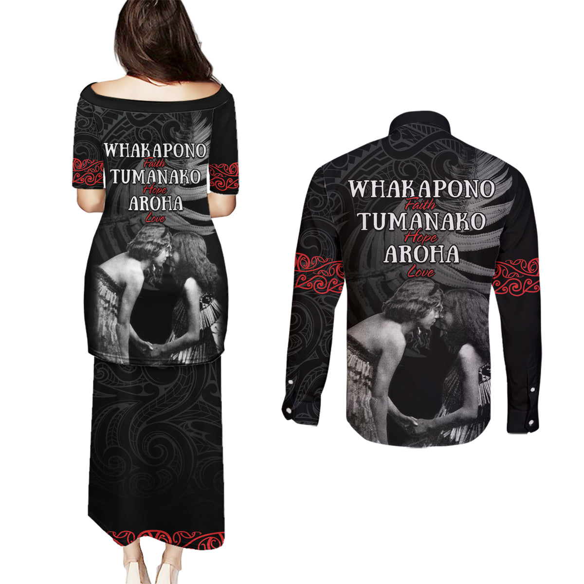 New Zealand Mother's Day Couples Matching Puletasi and Long Sleeve Button Shirt Maori Hongi Aroha Ahau Ki A Koe Mama LT9 - Polynesian Pride