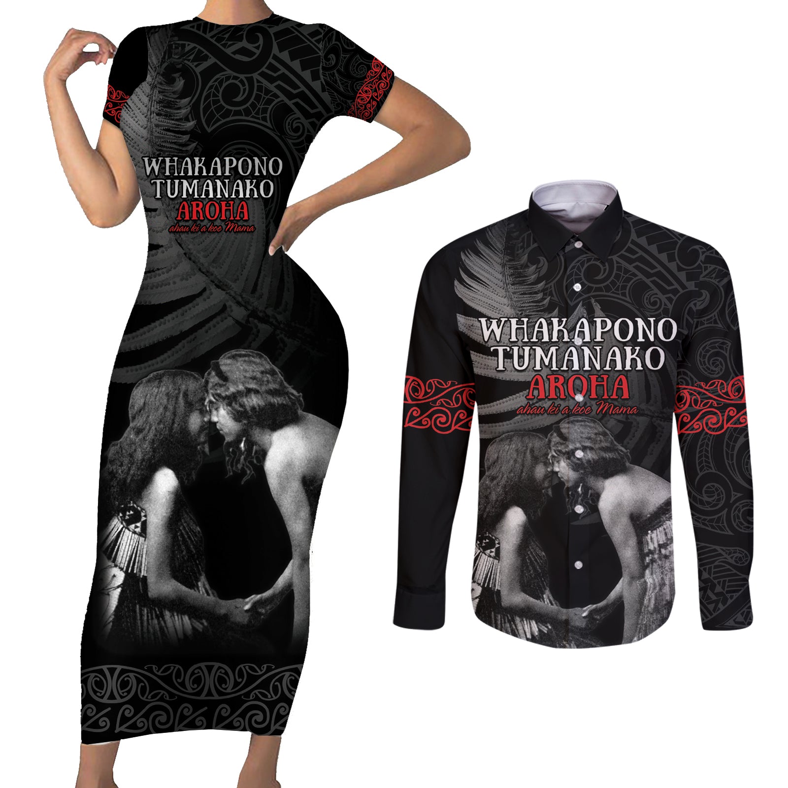 New Zealand Mother's Day Couples Matching Short Sleeve Bodycon Dress and Long Sleeve Button Shirt Maori Hongi Aroha Ahau Ki A Koe Mama