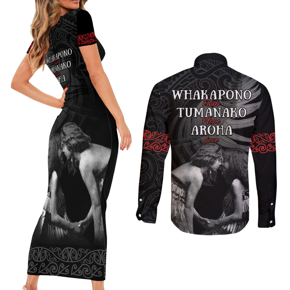 New Zealand Mother's Day Couples Matching Short Sleeve Bodycon Dress and Long Sleeve Button Shirt Maori Hongi Aroha Ahau Ki A Koe Mama LT9 - Polynesian Pride