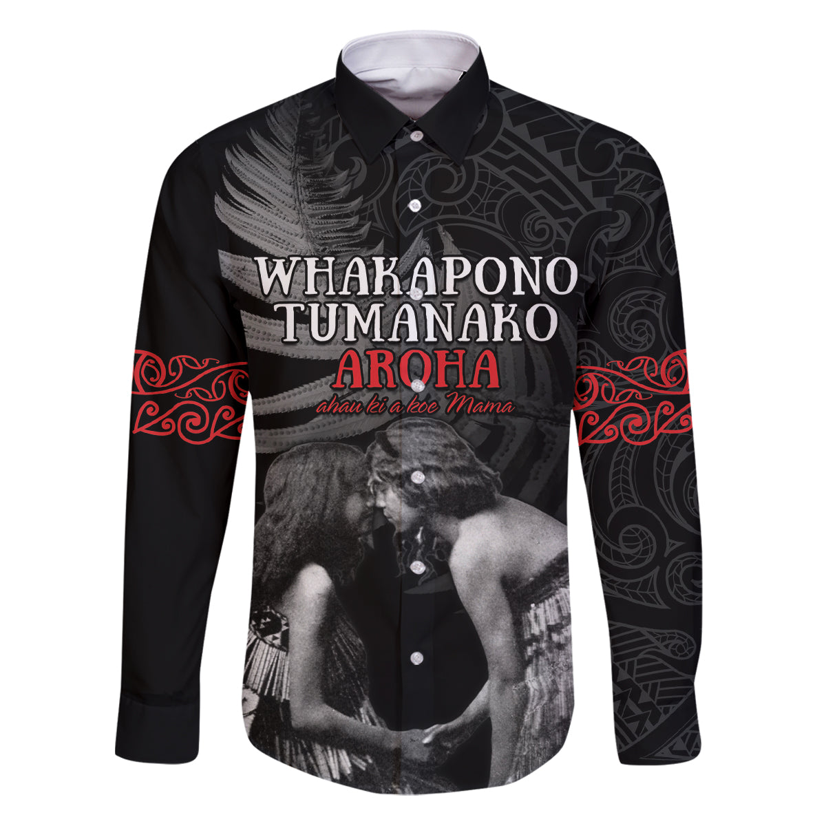 New Zealand Mother's Day Family Matching Puletasi and Hawaiian Shirt Maori Hongi Aroha Ahau Ki A Koe Mama LT9 Dad's Shirt - Long Sleeve Black - Polynesian Pride