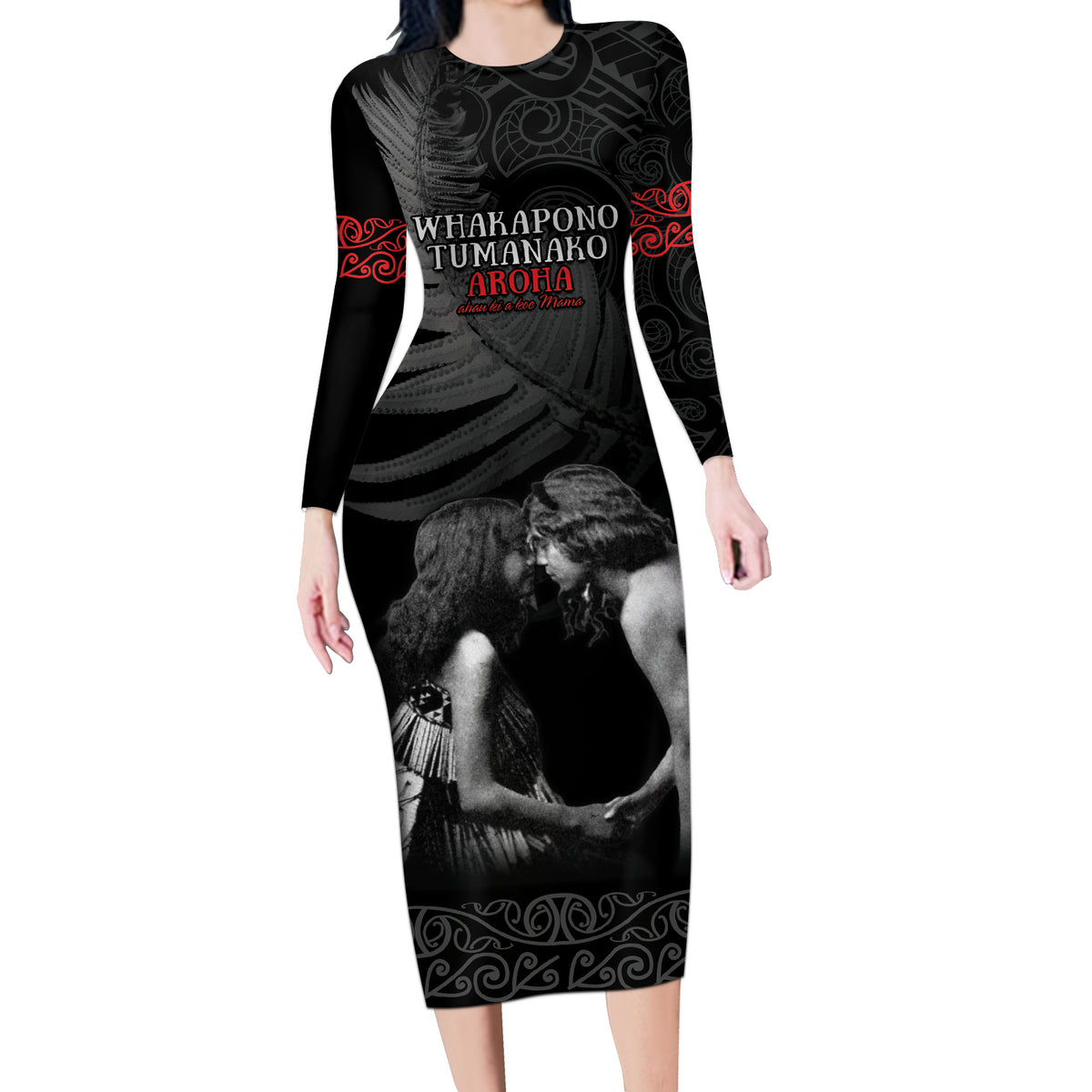 New Zealand Mother's Day Long Sleeve Bodycon Dress Maori Hongi Aroha Ahau Ki A Koe Mama LT9 Long Dress Black - Polynesian Pride