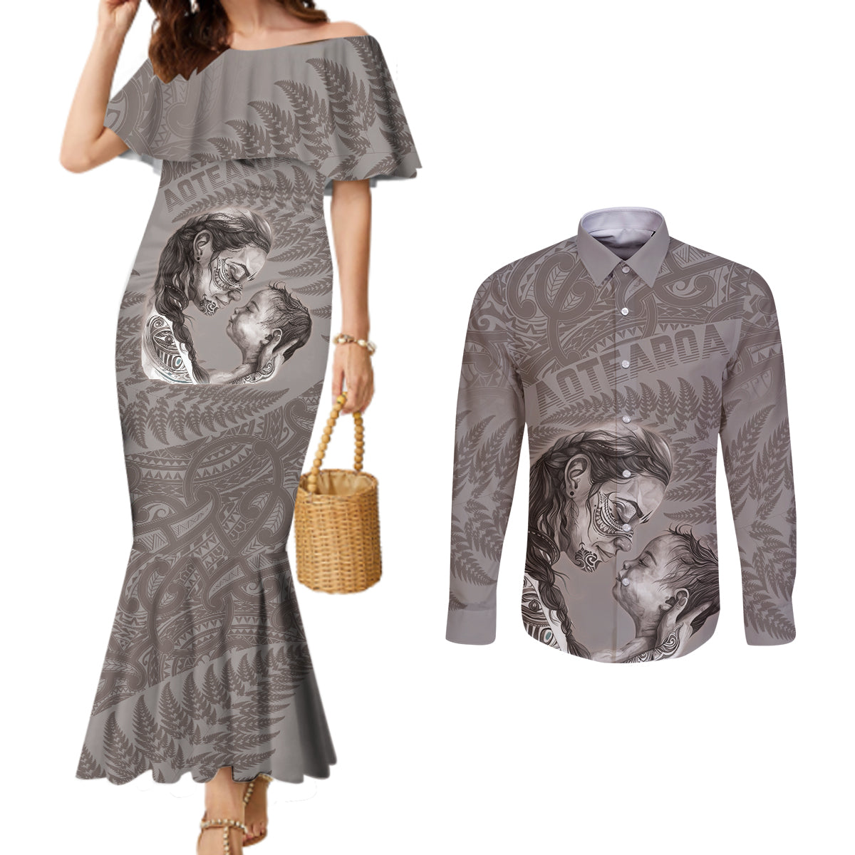 New Zealand Mother's Day Couples Matching Mermaid Dress and Long Sleeve Button Shirt Maori Mo Toku Mama Silver Fern