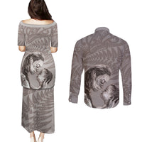 New Zealand Mother's Day Couples Matching Puletasi and Long Sleeve Button Shirt Maori Mo Toku Mama Silver Fern