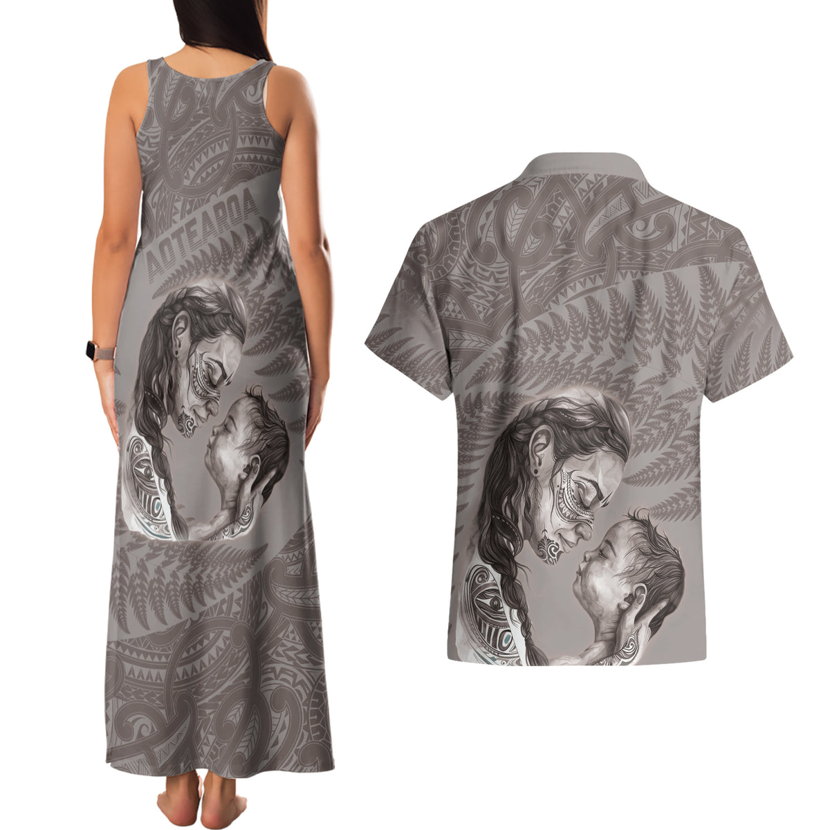 New Zealand Mother's Day Couples Matching Tank Maxi Dress and Hawaiian Shirt Maori Mo Toku Mama Silver Fern