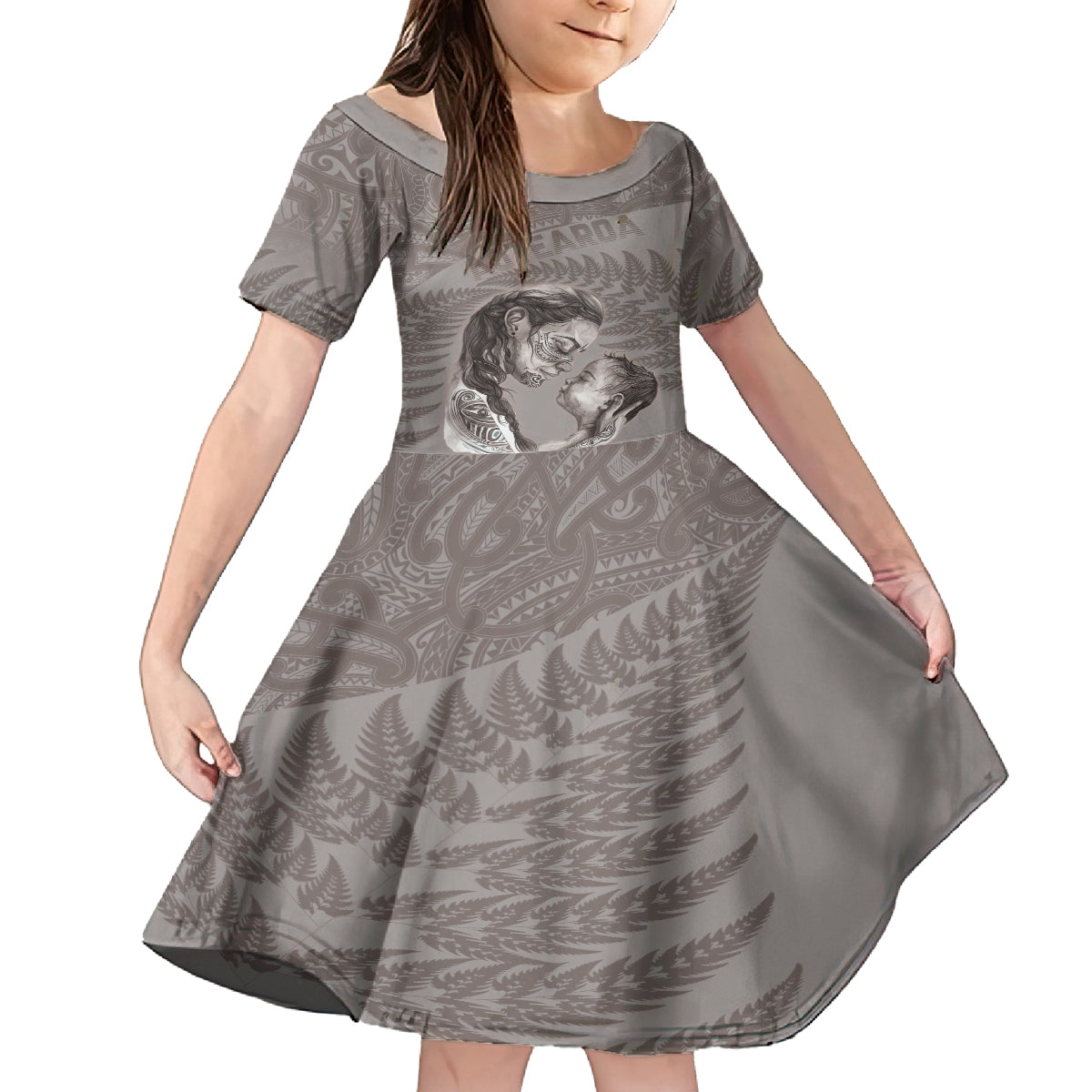 New Zealand Mother's Day Kid Short Sleeve Dress Maori Mo Toku Mama Silver Fern LT9 KID Nude - Polynesian Pride