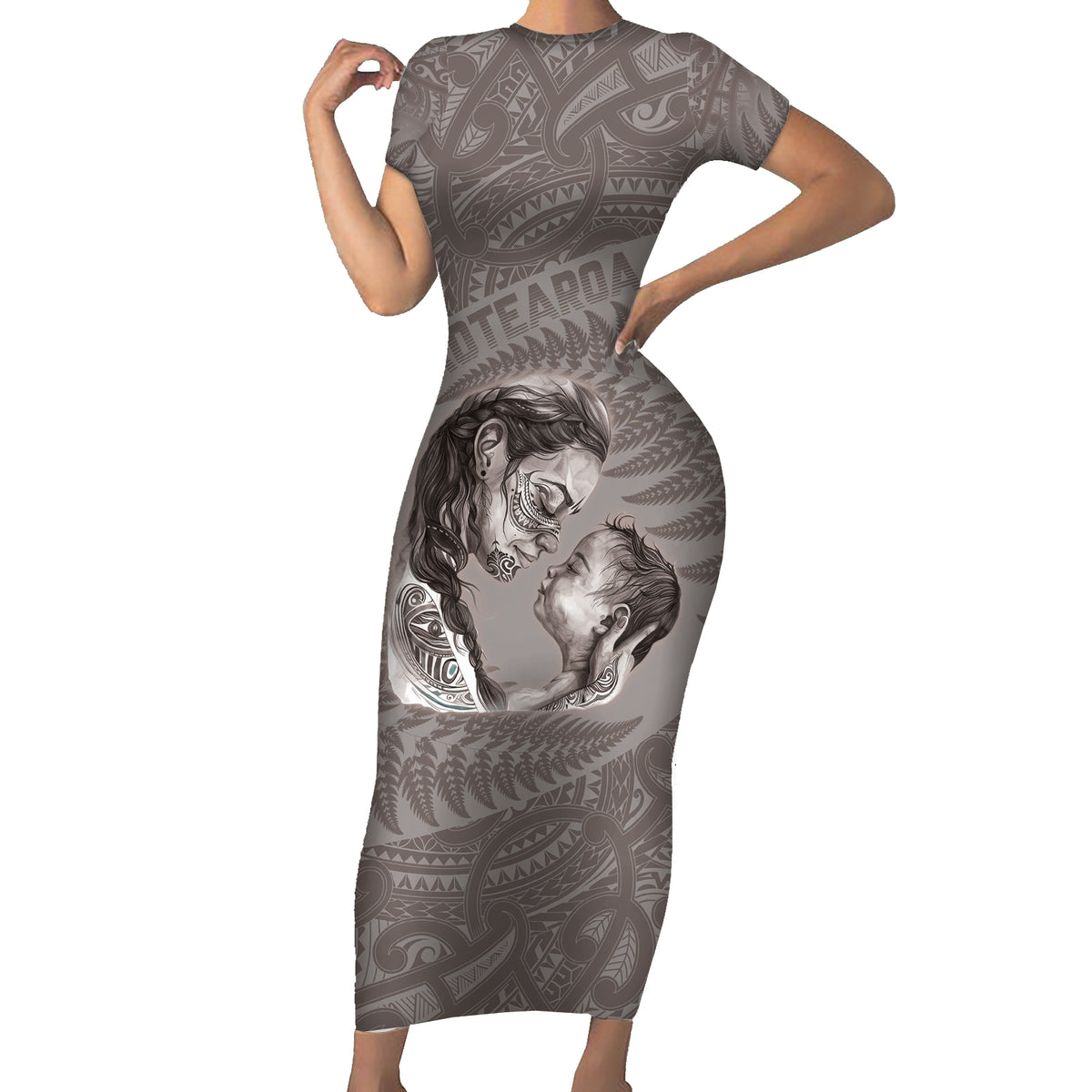 New Zealand Mother's Day Short Sleeve Bodycon Dress Maori Mo Toku Mama Silver Fern LT9 Long Dress Nude - Polynesian Pride
