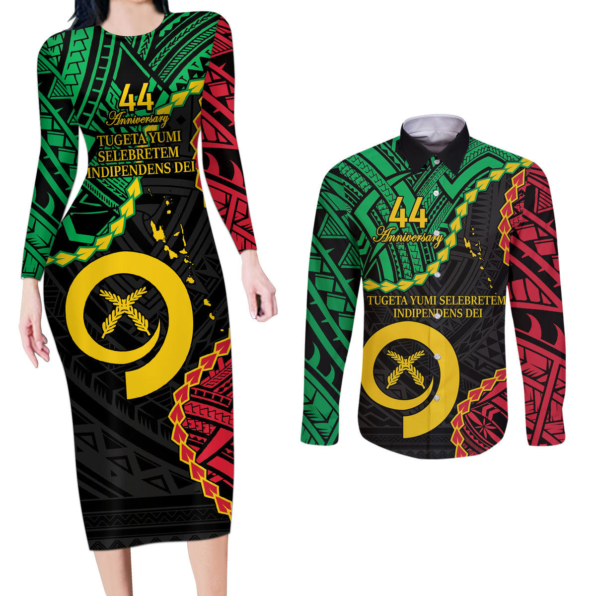 Personalised Vanuatu 44th Anniversary Couples Matching Long Sleeve Bodycon Dress and Long Sleeve Button Shirt Tugeta Yumi Selebretem Indipendens Dei LT9 Black - Polynesian Pride