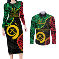 Personalised Vanuatu 44th Anniversary Couples Matching Long Sleeve Bodycon Dress and Long Sleeve Button Shirt Tugeta Yumi Selebretem Indipendens Dei LT9 Black - Polynesian Pride
