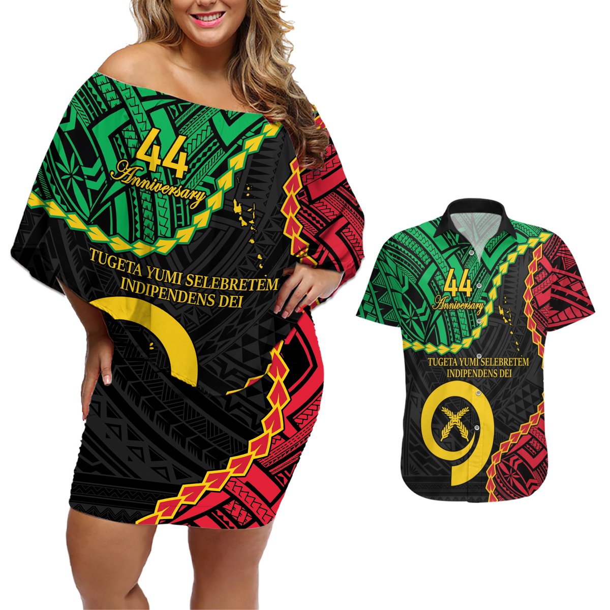 Personalised Vanuatu 44th Anniversary Couples Matching Off Shoulder Short Dress and Hawaiian Shirt Tugeta Yumi Selebretem Indipendens Dei LT9 Black - Polynesian Pride