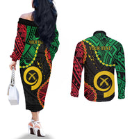 Personalised Vanuatu 44th Anniversary Couples Matching Off The Shoulder Long Sleeve Dress and Long Sleeve Button Shirt Tugeta Yumi Selebretem Indipendens Dei LT9 - Polynesian Pride