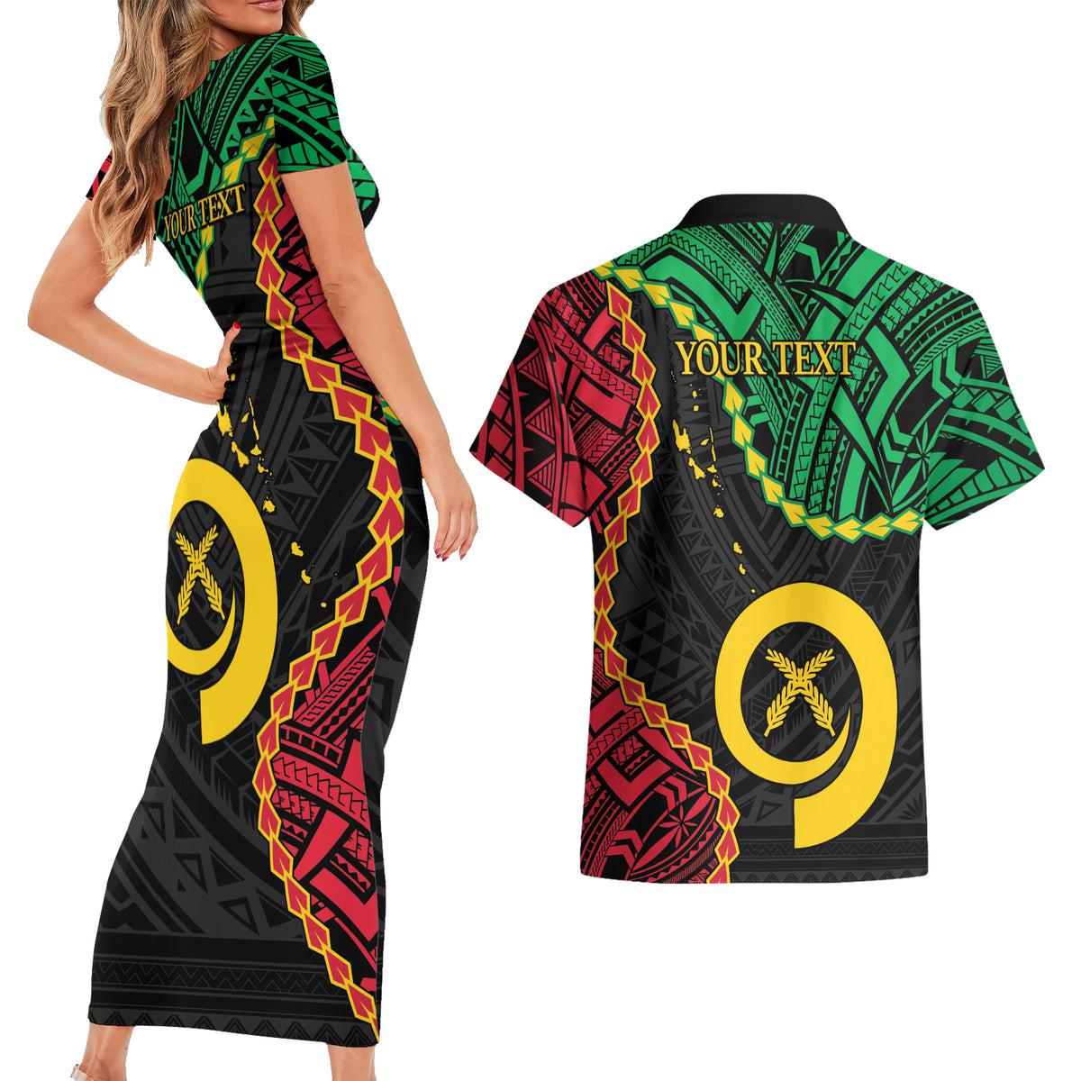 Personalised Vanuatu 44th Anniversary Couples Matching Short Sleeve Bodycon Dress and Hawaiian Shirt Tugeta Yumi Selebretem Indipendens Dei LT9 - Polynesian Pride