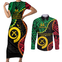 Personalised Vanuatu 44th Anniversary Couples Matching Short Sleeve Bodycon Dress and Long Sleeve Button Shirt Tugeta Yumi Selebretem Indipendens Dei LT9 Black - Polynesian Pride