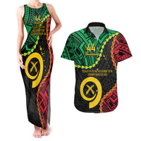 Personalised Vanuatu 44th Anniversary Couples Matching Tank Maxi Dress and Hawaiian Shirt Tugeta Yumi Selebretem Indipendens Dei LT9 Black - Polynesian Pride