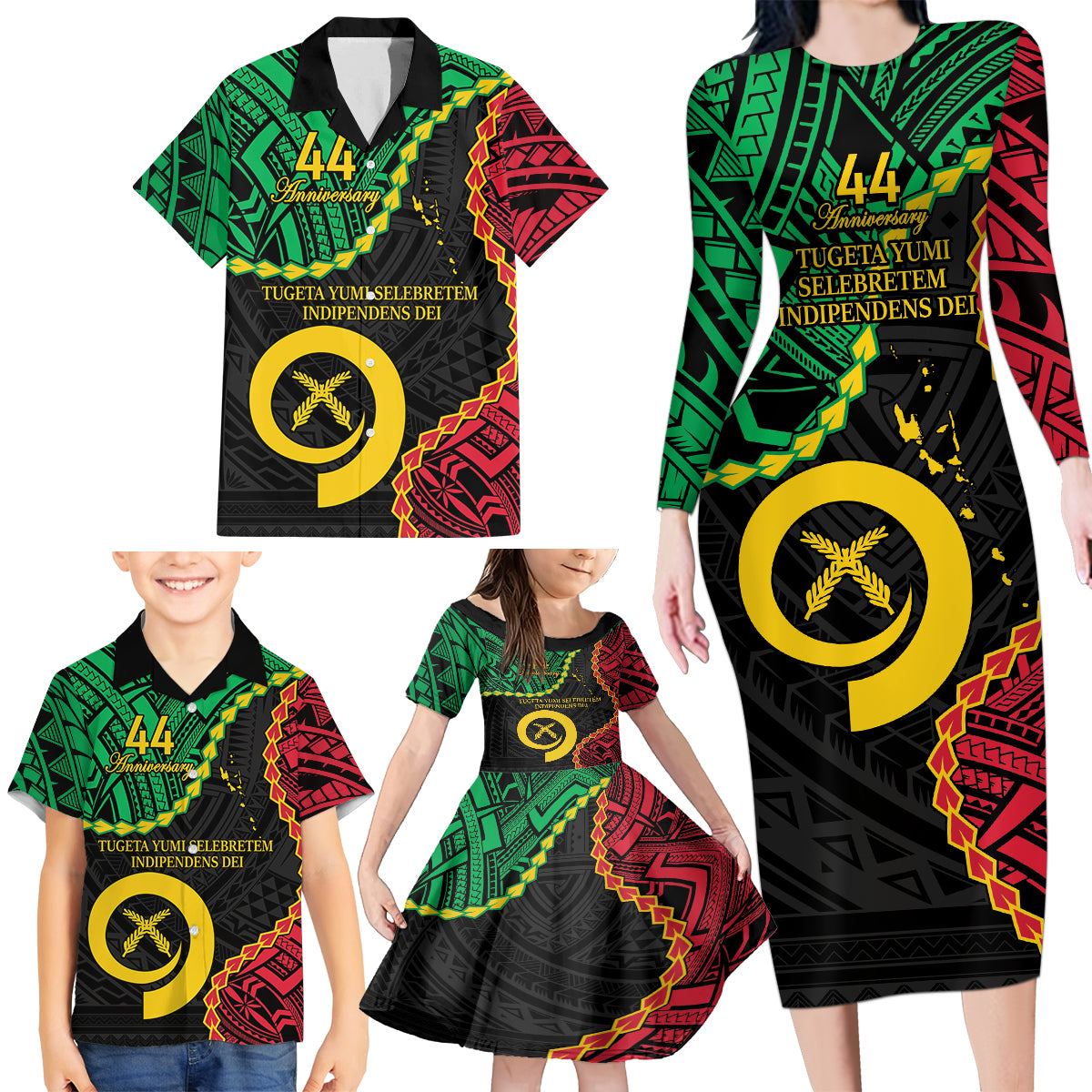 Personalised Vanuatu 44th Anniversary Family Matching Long Sleeve Bodycon Dress and Hawaiian Shirt Tugeta Yumi Selebretem Indipendens Dei LT9 - Polynesian Pride