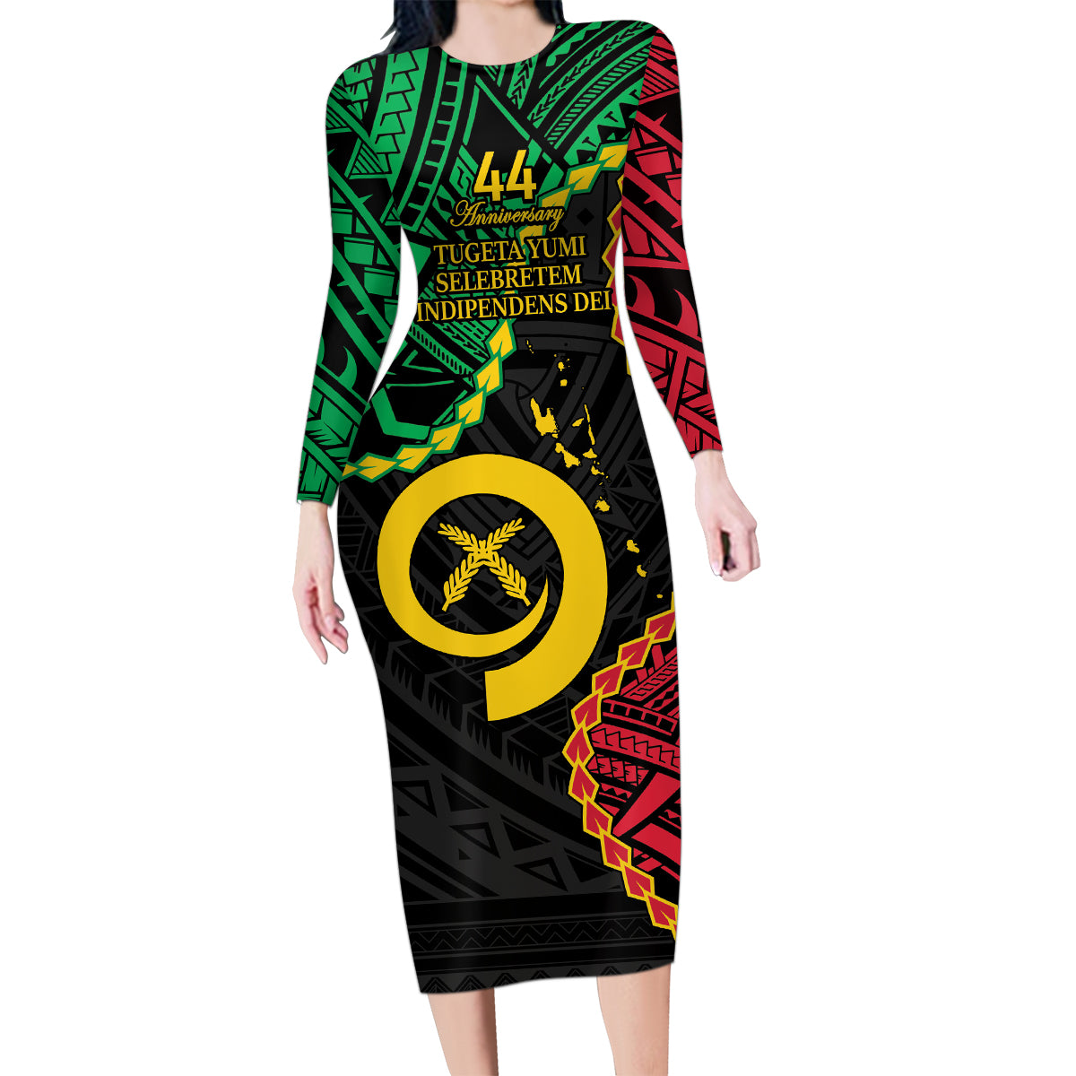 Personalised Vanuatu 44th Anniversary Family Matching Long Sleeve Bodycon Dress and Hawaiian Shirt Tugeta Yumi Selebretem Indipendens Dei LT9 Mom's Dress Black - Polynesian Pride