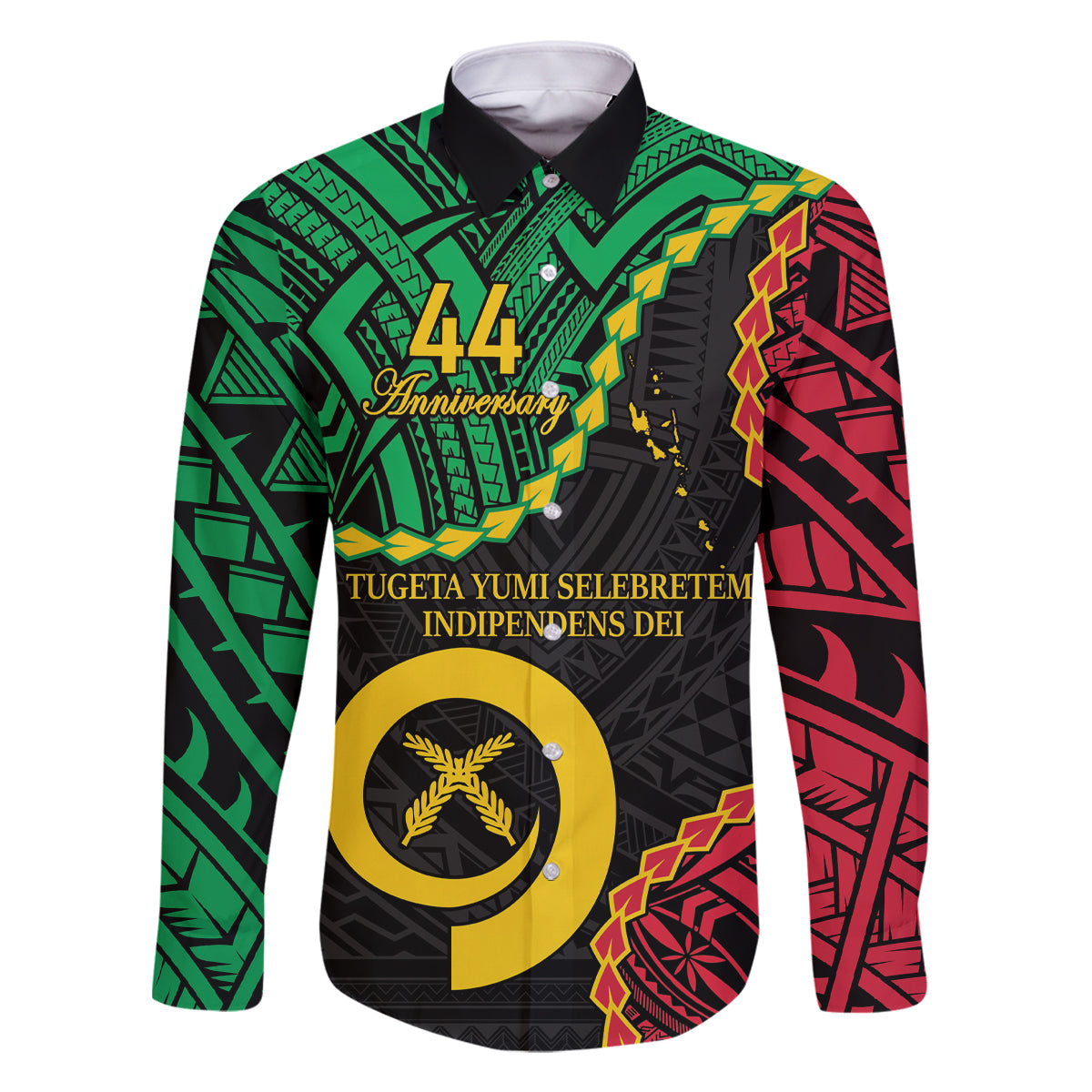 Personalised Vanuatu 44th Anniversary Family Matching Off Shoulder Short Dress and Hawaiian Shirt Tugeta Yumi Selebretem Indipendens Dei LT9 Dad's Shirt - Long Sleeve Black - Polynesian Pride