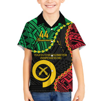 Personalised Vanuatu 44th Anniversary Family Matching Off Shoulder Short Dress and Hawaiian Shirt Tugeta Yumi Selebretem Indipendens Dei LT9 Son's Shirt Black - Polynesian Pride