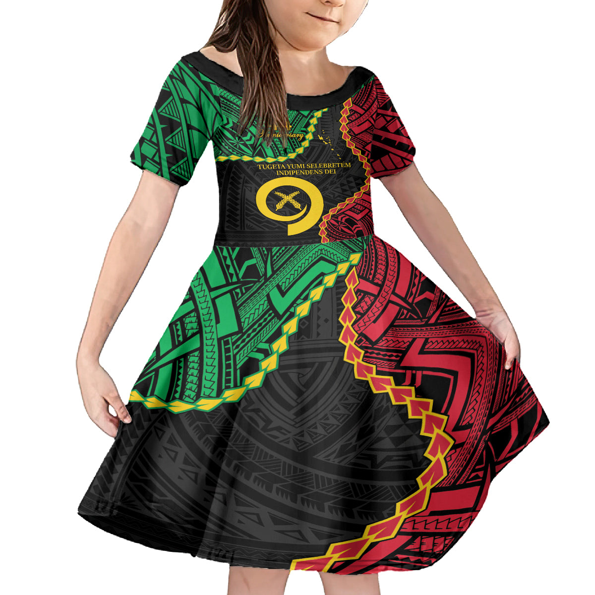 Personalised Vanuatu 44th Anniversary Family Matching Puletasi and Hawaiian Shirt Tugeta Yumi Selebretem Indipendens Dei LT9 Daughter's Dress Black - Polynesian Pride